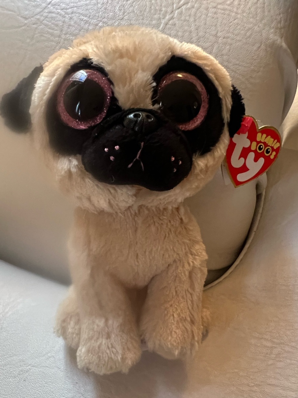 Pugsly ty retired Plush Pug with Cream Fur and Pink Glitter Eye Rims!